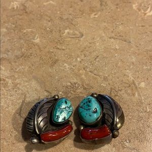 Sterling Silver Turquoise, Red Coral clip earrings